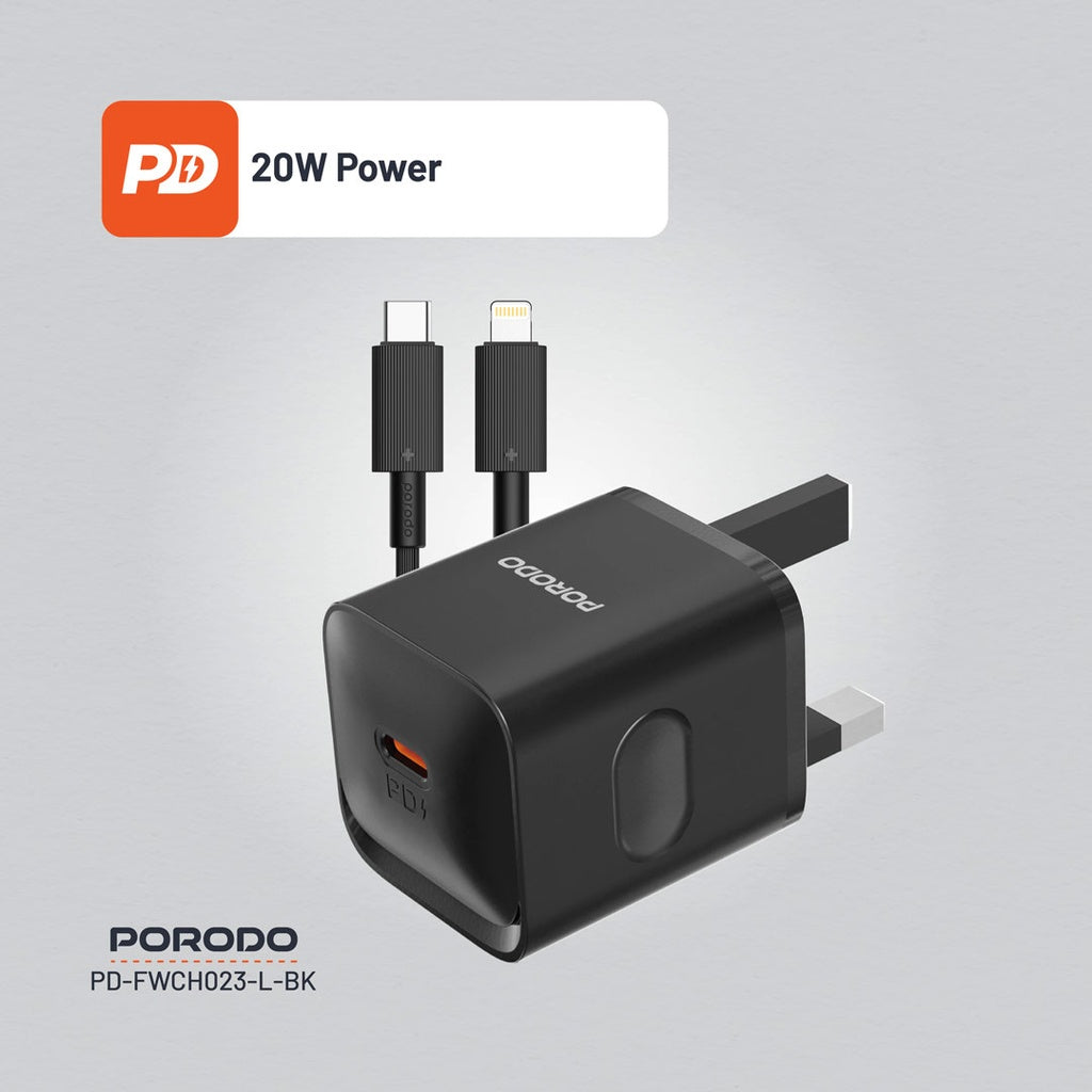 Porodo USB-C Power Delivery Wall Charger with Lightning Cable - Black