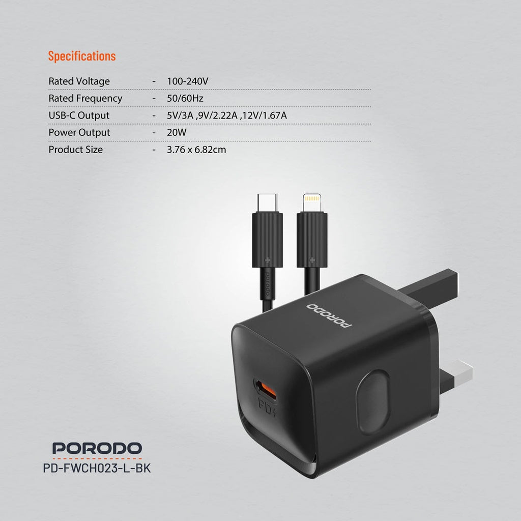 Porodo USB-C Power Delivery Wall Charger with Lightning Cable - Black