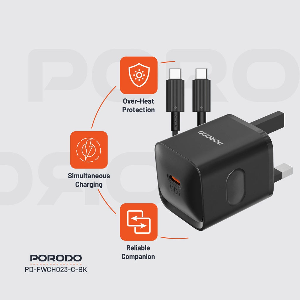 Porodo USB-C Power Delivery Wall Charger with Type-C Cable - Black