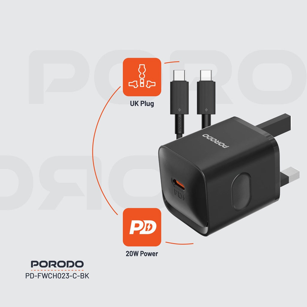 Porodo USB-C Power Delivery Wall Charger with Type-C Cable - Black