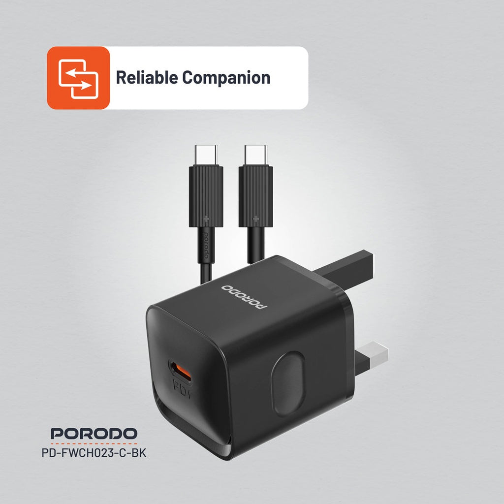 Porodo USB-C Power Delivery Wall Charger with Type-C Cable - Black