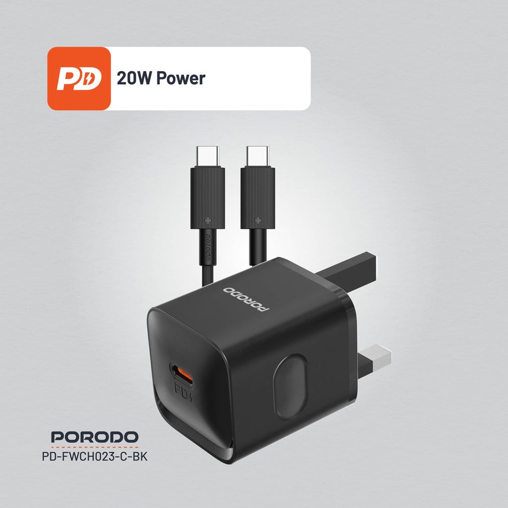Porodo USB-C Power Delivery Wall Charger with Type-C Cable - Black
