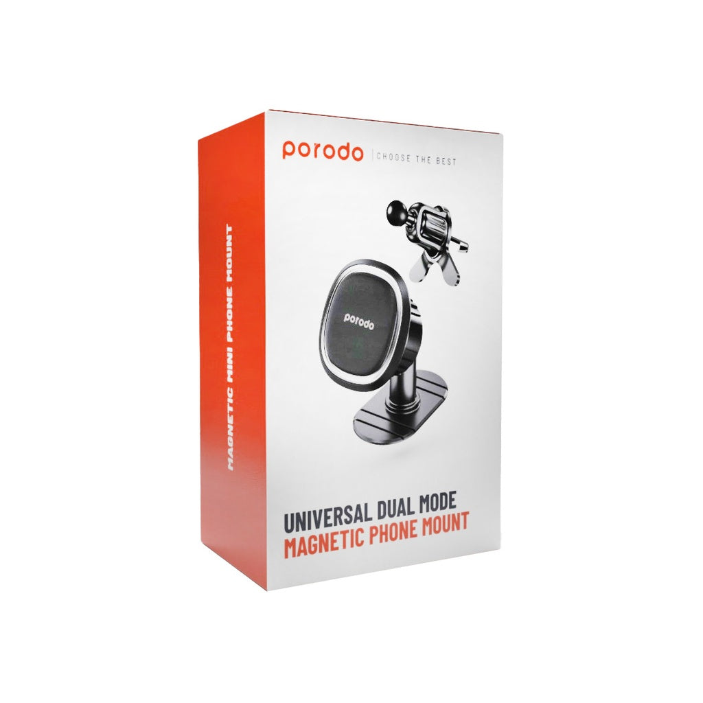 Porodo Universal Dual Mode Magnetic Phone Mount - Black [O]- ستاند سيارة مناسب لجميع انواع الاجهزة - مغناطيس - قاعدة لزق + فتحة تكييف - بورودو