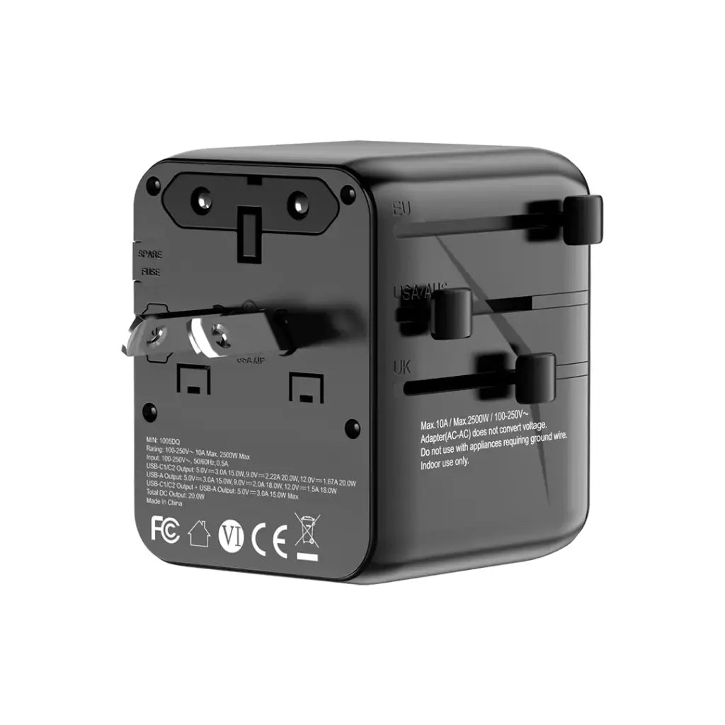 Porodo Universal Travel GaN Quick Charger - Black - شاحن حائط دولي - لجميع دول العالم - 3 منافذ للشحن الذكي والسريع - كفالة 24 شهر