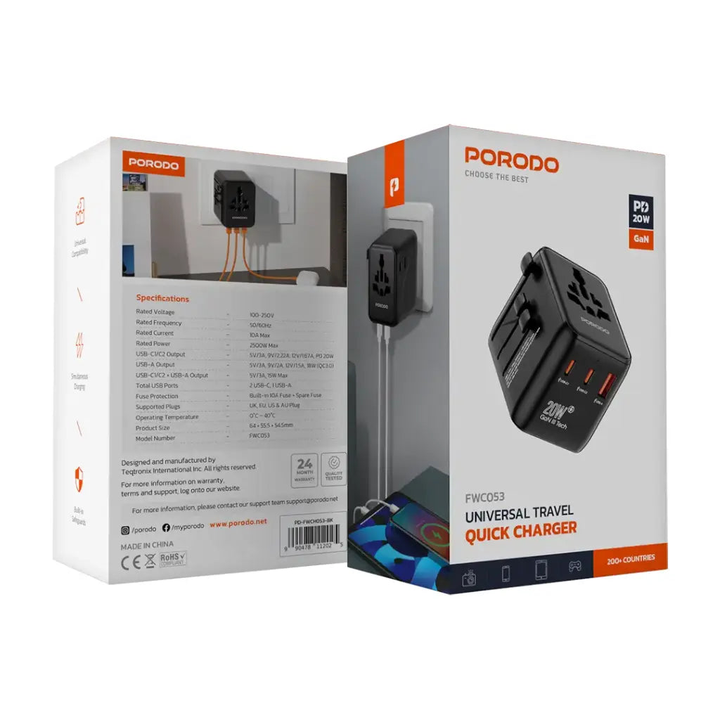 Porodo Universal Travel GaN Quick Charger - Black - شاحن حائط دولي - لجميع دول العالم - 3 منافذ للشحن الذكي والسريع - كفالة 24 شهر