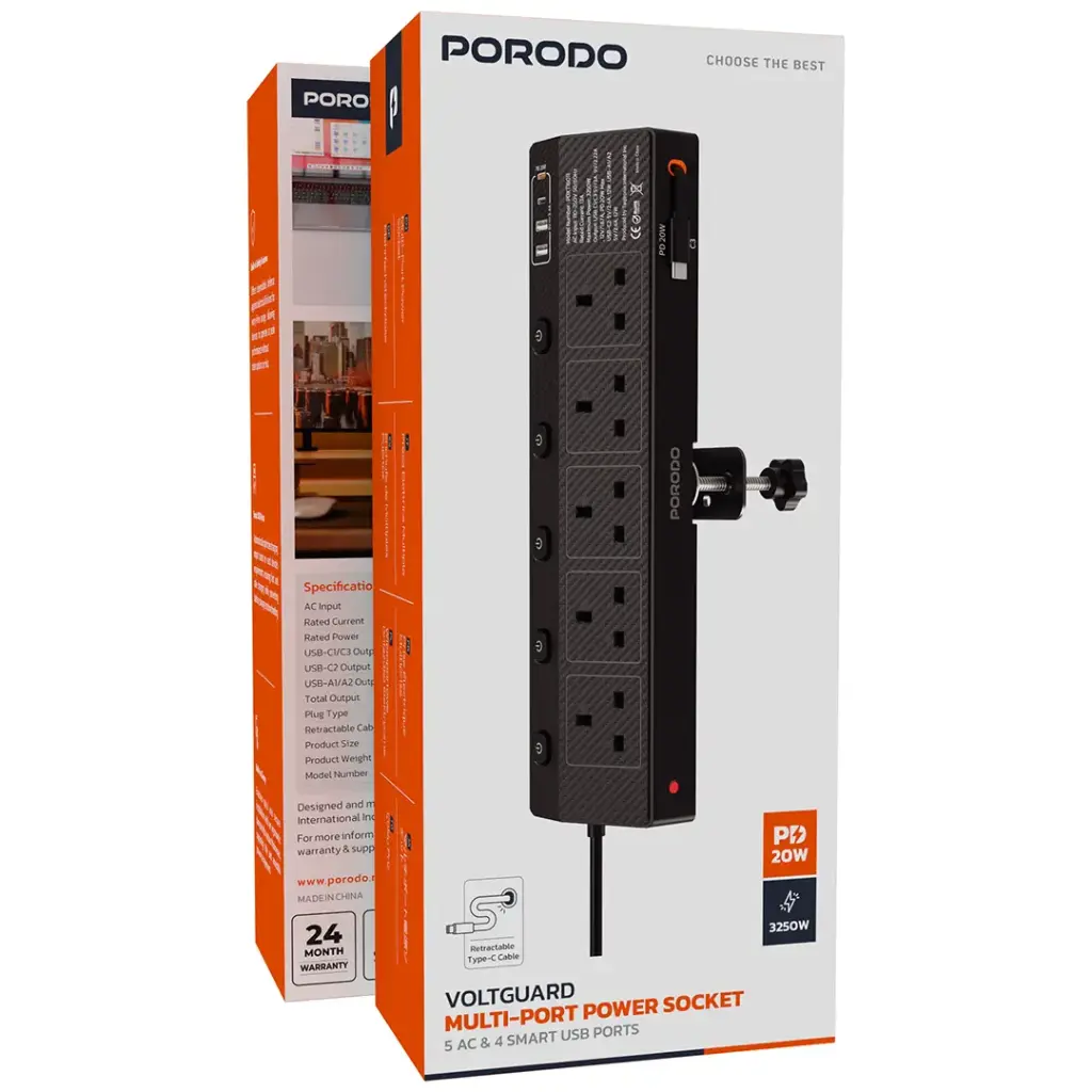 Porodo Voltguard Multi-Port Power Socket PD 20W - Black