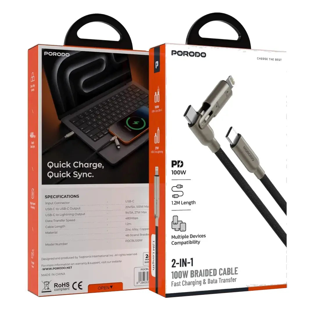Porodo 2-In-1 100W Braided Cable - Black