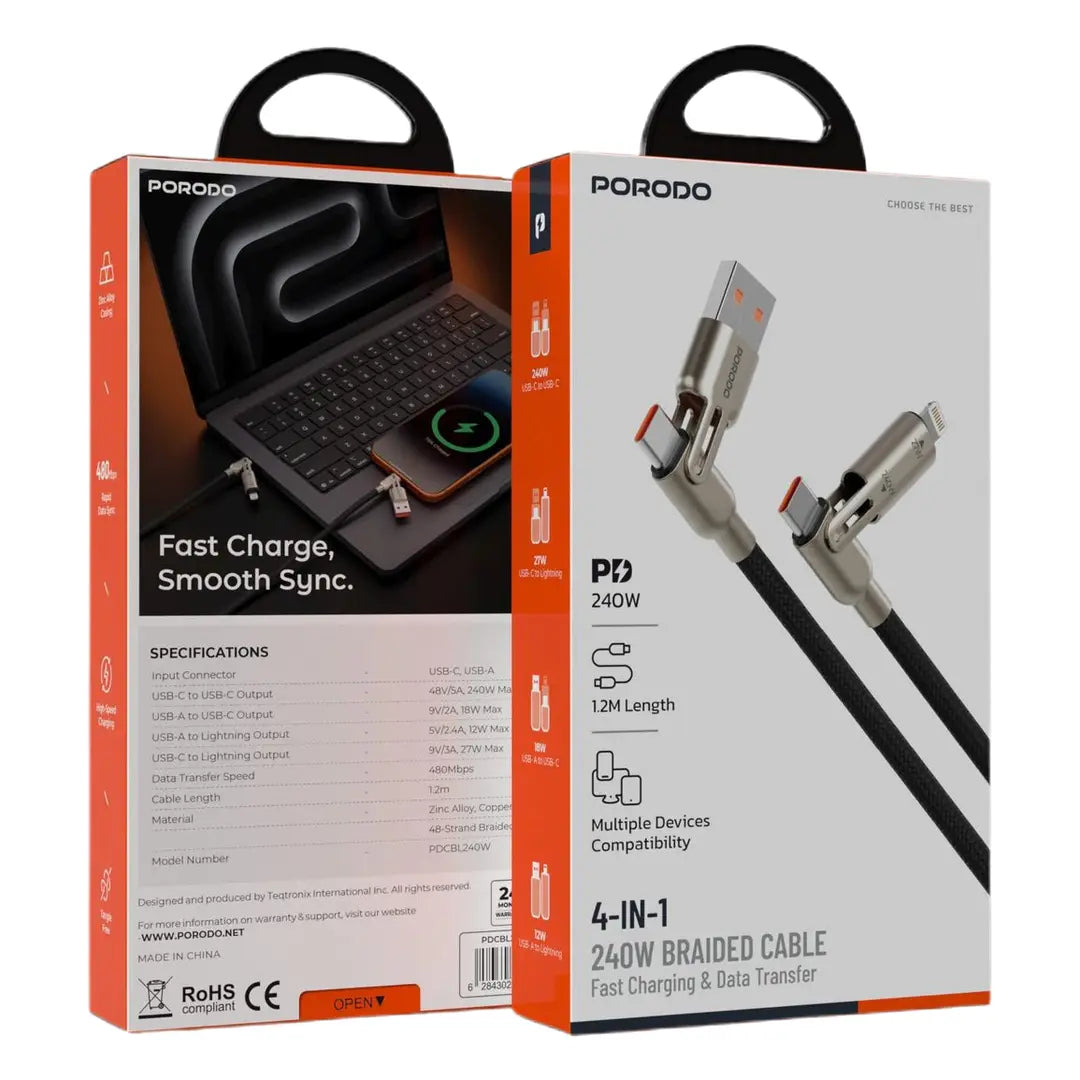 Porodo 4-In-1 240W Braided Cable - Black