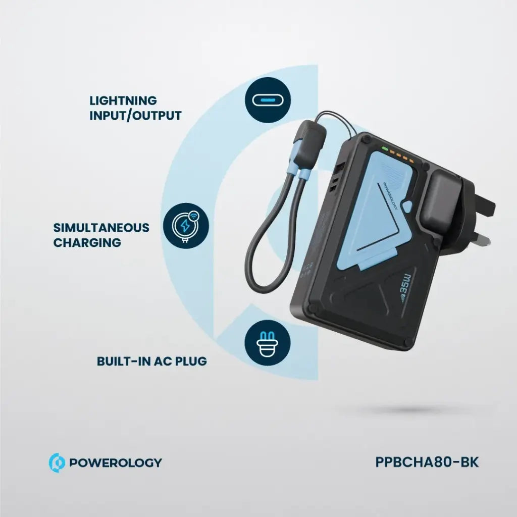 Powerology 10000mAh Wall Charger Magsafe 15W Power Bank 35W with C-C cable Bank - شاحن حائط دولي -  2 في 1 - باور بانك سعة 10000 + سلك شحن تايب سي + سلك شحن لايتينيغ لاجهزة الايفون القديمة - شاشه رقمية - كفالة 24 شهر