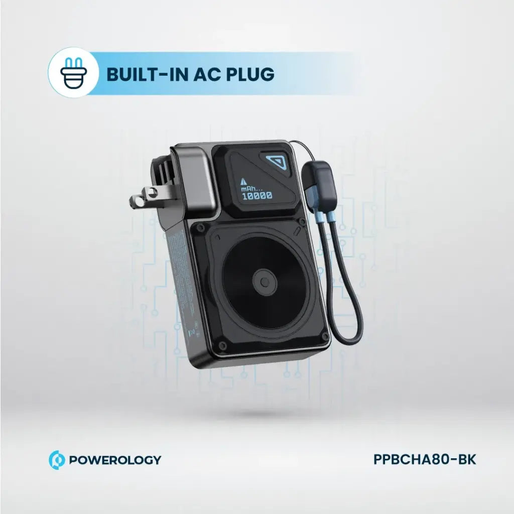 Powerology 10000mAh Wall Charger Magsafe 15W Power Bank 35W with C-C cable Bank - شاحن حائط دولي -  2 في 1 - باور بانك سعة 10000 + سلك شحن تايب سي + سلك شحن لايتينيغ لاجهزة الايفون القديمة - شاشه رقمية - كفالة 24 شهر