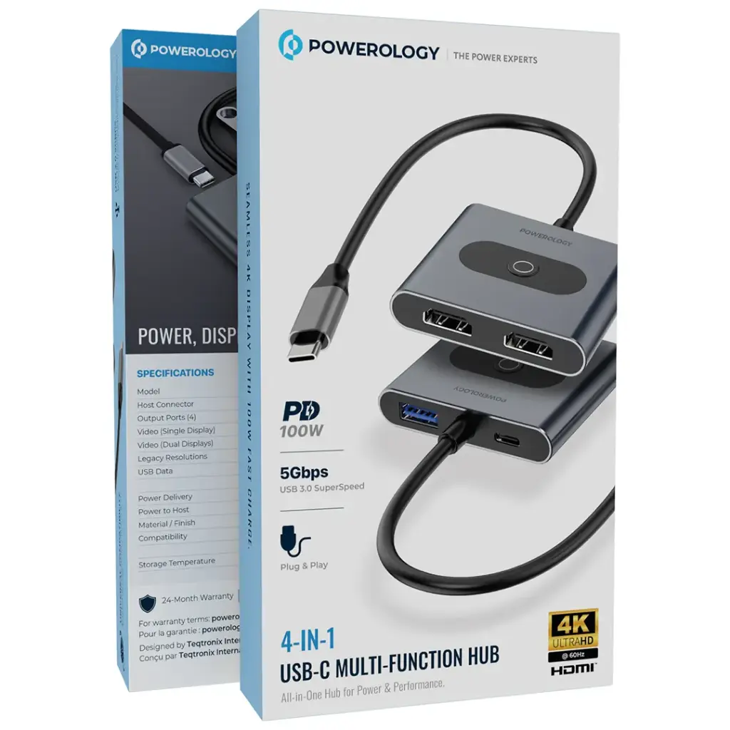 Powerology 4-In-1 USB-C Multi-Function Hub - Gray [O] - وصلة تايب سي - 4 في 1 - 2 اتش دي ام اي + يو اس بي + تايب سي