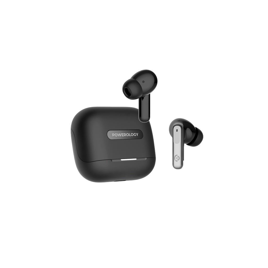 Powerology 6 Mic Hybrid ANC + ENC True Wireless Buds - Black [O] - سماعة باورولوجي - بلوتوث - خاصيه عزل الضوضاء - تدعم التحكم باللمس - كفالة 24 شهر