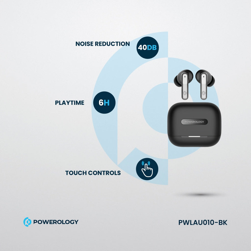 Powerology 6 Mic Hybrid ANC + ENC True Wireless Buds - Black [O] - سماعة باورولوجي - بلوتوث - خاصيه عزل الضوضاء - تدعم التحكم باللمس - كفالة 24 شهر