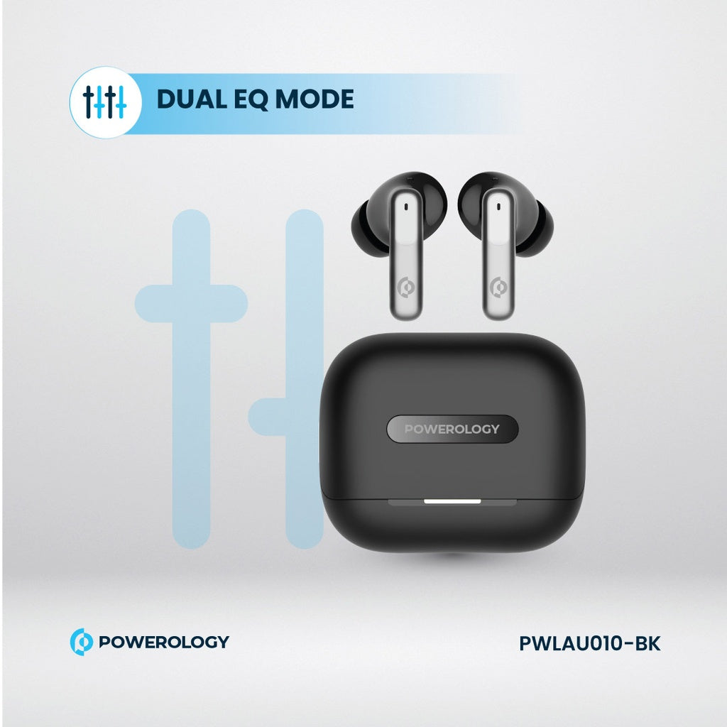 Powerology 6 Mic Hybrid ANC + ENC True Wireless Buds - Black [O] - سماعة باورولوجي - بلوتوث - خاصيه عزل الضوضاء - تدعم التحكم باللمس - كفالة 24 شهر
