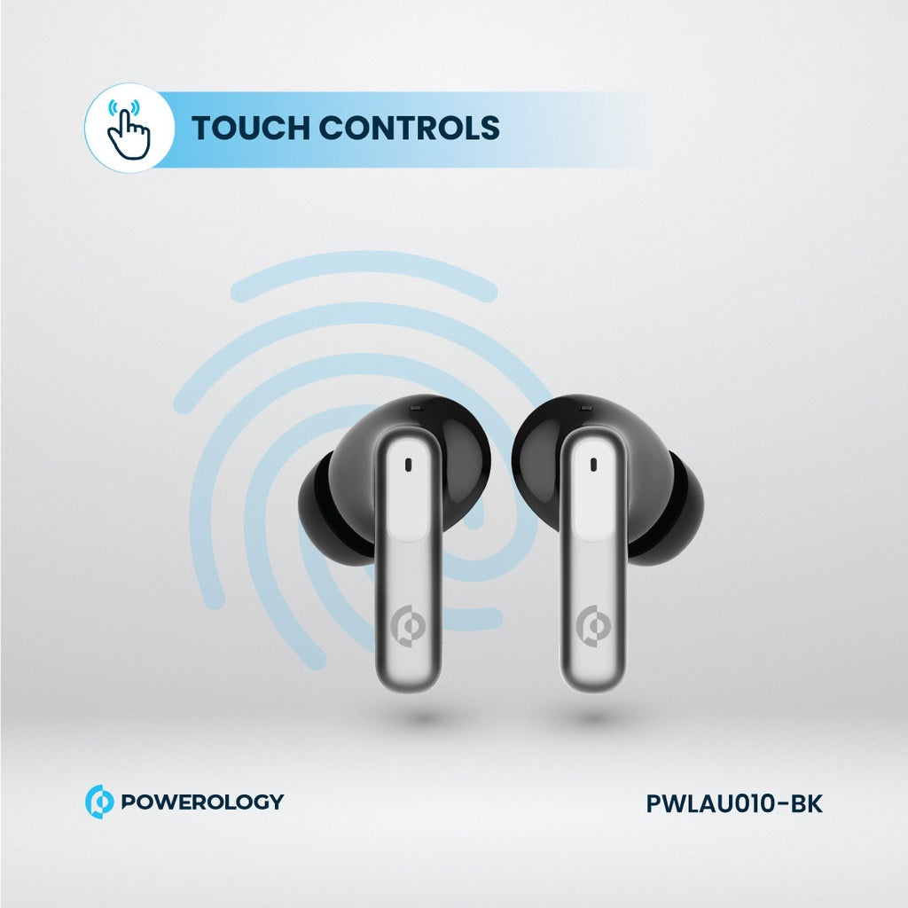 Powerology 6 Mic Hybrid ANC + ENC True Wireless Buds - Black [O] - سماعة باورولوجي - بلوتوث - خاصيه عزل الضوضاء - تدعم التحكم باللمس - كفالة 24 شهر