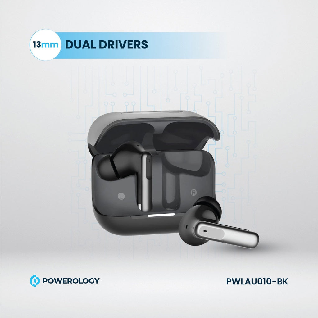 Powerology 6 Mic Hybrid ANC + ENC True Wireless Buds - Black [O] - سماعة باورولوجي - بلوتوث - خاصيه عزل الضوضاء - تدعم التحكم باللمس - كفالة 24 شهر