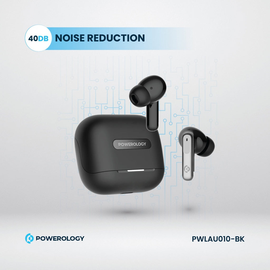 Powerology 6 Mic Hybrid ANC + ENC True Wireless Buds - Black [O] - سماعة باورولوجي - بلوتوث - خاصيه عزل الضوضاء - تدعم التحكم باللمس - كفالة 24 شهر