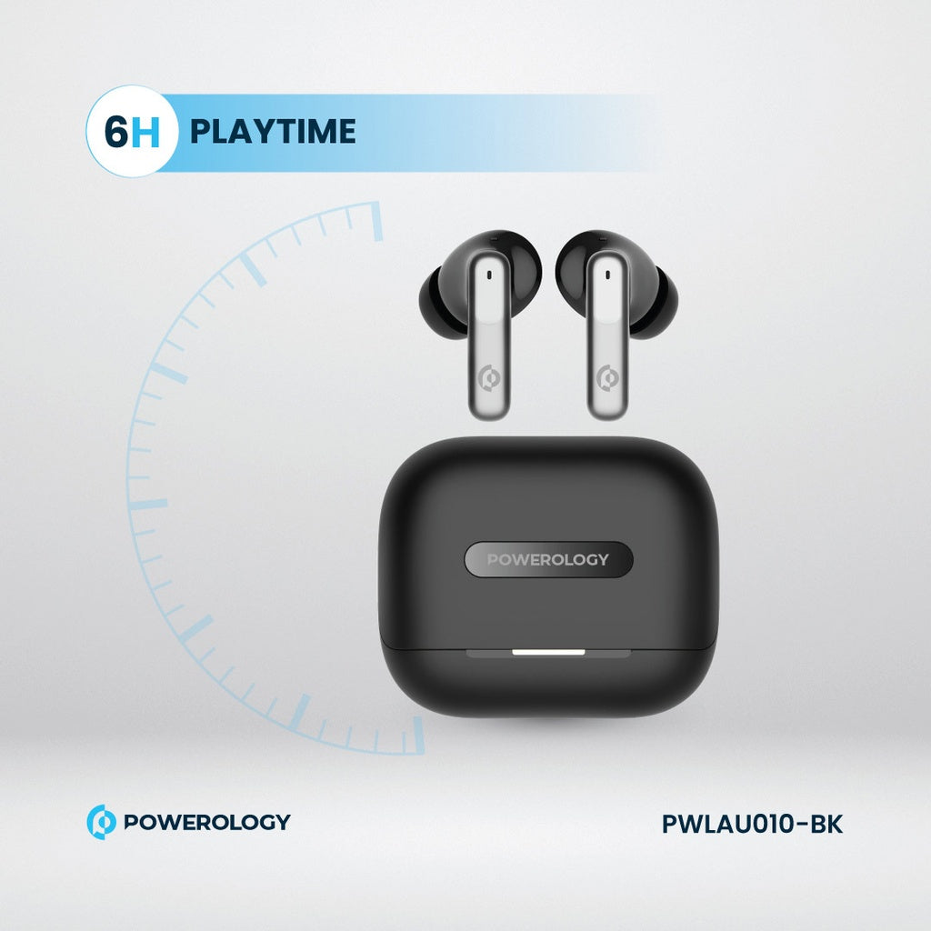 Powerology 6 Mic Hybrid ANC + ENC True Wireless Buds - Black [O] - سماعة باورولوجي - بلوتوث - خاصيه عزل الضوضاء - تدعم التحكم باللمس - كفالة 24 شهر
