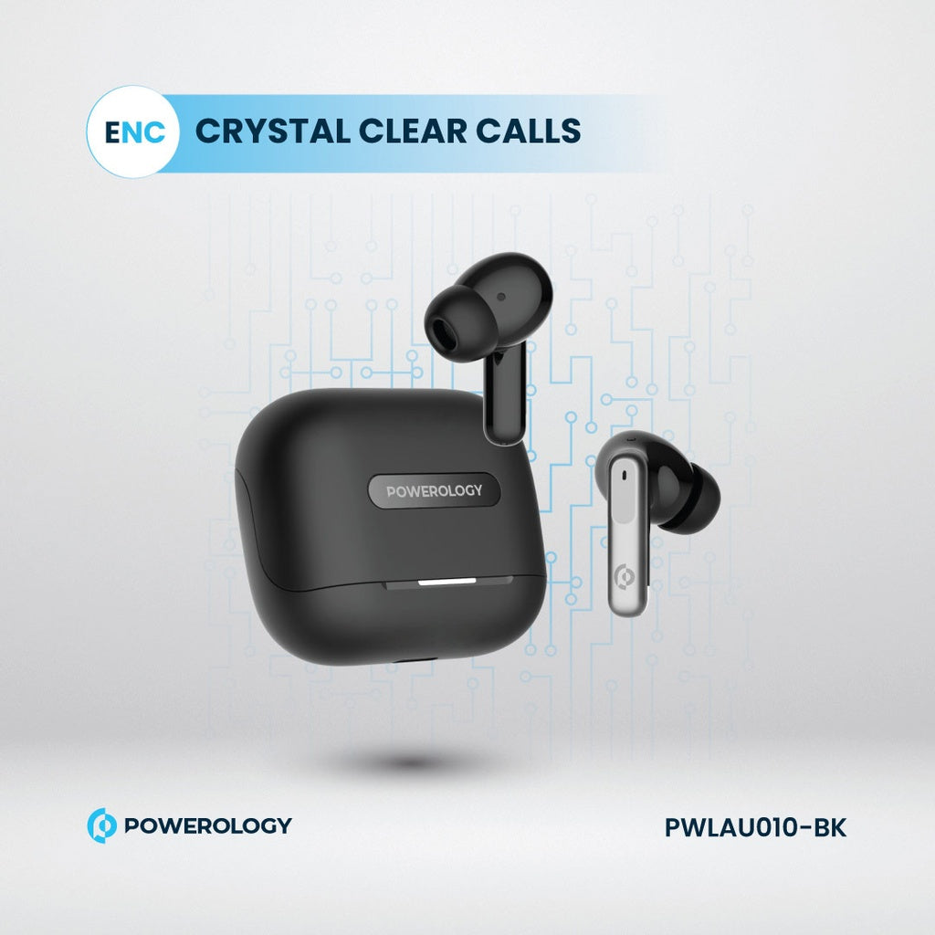 Powerology 6 Mic Hybrid ANC + ENC True Wireless Buds - Black [O] - سماعة باورولوجي - بلوتوث - خاصيه عزل الضوضاء - تدعم التحكم باللمس - كفالة 24 شهر