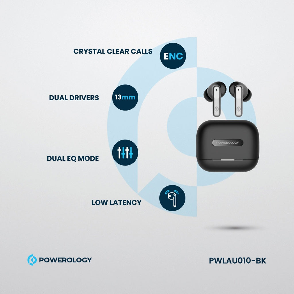 Powerology 6 Mic Hybrid ANC + ENC True Wireless Buds - Black [O] - سماعة باورولوجي - بلوتوث - خاصيه عزل الضوضاء - تدعم التحكم باللمس - كفالة 24 شهر