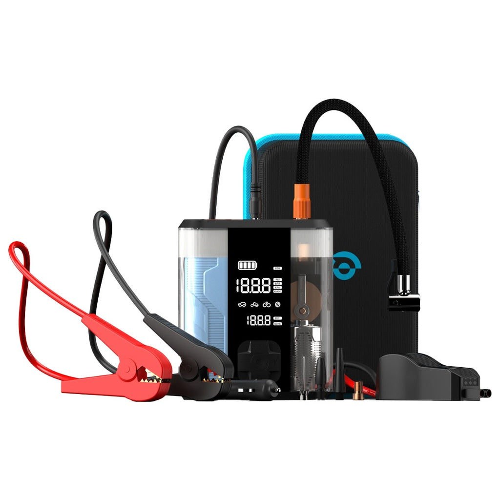Powerology 8800mAh Jump Start Air Compressor - Transparent [O] - ضاغط هواء + محول طاقة لبطارية السيارة - 2 في 1 - باورولوجي - بطارية بسعة 8800 ميللي امبير - قوة 32.5 واط - كفالة 12 شهر