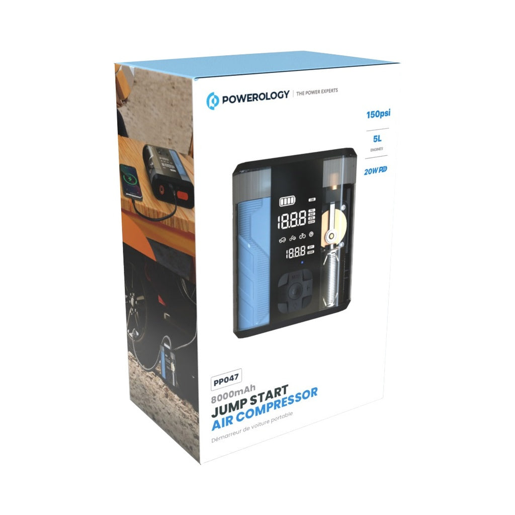 Powerology 8800mAh Jump Start Air Compressor - Transparent [O] - ضاغط هواء + محول طاقة لبطارية السيارة - 2 في 1 - باورولوجي - بطارية بسعة 8800 ميللي امبير - قوة 32.5 واط - كفالة 12 شهر