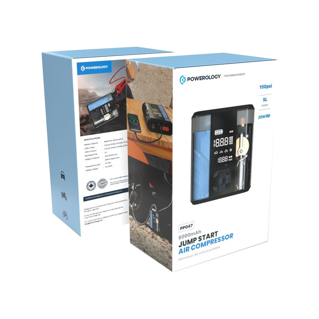 Powerology 8800mAh Jump Start Air Compressor - Transparent [O] - ضاغط هواء + محول طاقة لبطارية السيارة - 2 في 1 - باورولوجي - بطارية بسعة 8800 ميللي امبير - قوة 32.5 واط - كفالة 12 شهر