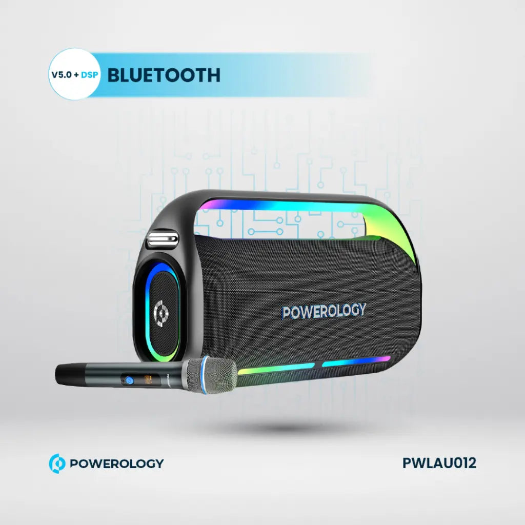 Powerology Deep Bass Party Speaker - Black [O] - سبيكر مكبر صوت + ميكروفون - باورولجي - كفالة 24 شهر
