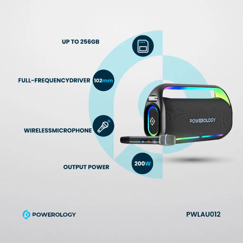 Powerology Deep Bass Party Speaker - Black [O] - سبيكر مكبر صوت + ميكروفون - باورولجي - كفالة 24 شهر