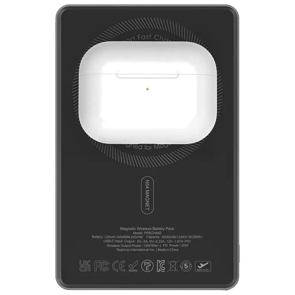 Powerology MagVolt 5000mAh Magnetic Power Bank - Black [O] - بطارية متنقلة - باورولوجي - سعة 5000 -  شحن لاسلكي ( ماغ سيف )- تدعم شحن ساعة ابل + الايربودز - شاشة رقميه - كفالة 12 شهر