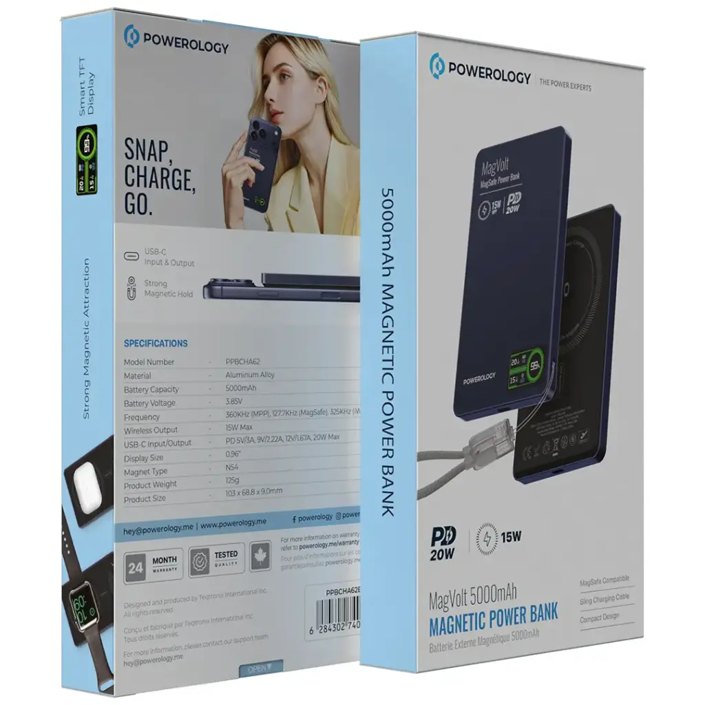 Powerology MagVolt 5000mAh Magnetic Power Bank - Blue [O]- بطارية متنقلة - باورولوجي - سعة 5000 -  شحن لاسلكي ( ماغ سيف )- تدعم شحن ساعة ابل + الايربودز - شاشة رقميه + خيط علاق - كفالة 12 شهر