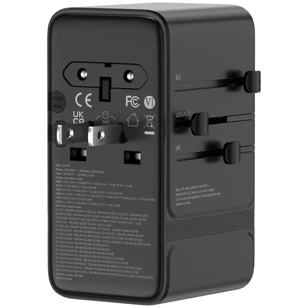 Powerology Spetrova GaN Multi-Port Universal Adapter PD 140W [O] - بلاك حائط شحن دولي - 7 فتحات للشحن - 6 فتحات تايب سي + 1 فتحة يو اس بي - قوة 140 واط - كفالة 24 شهر