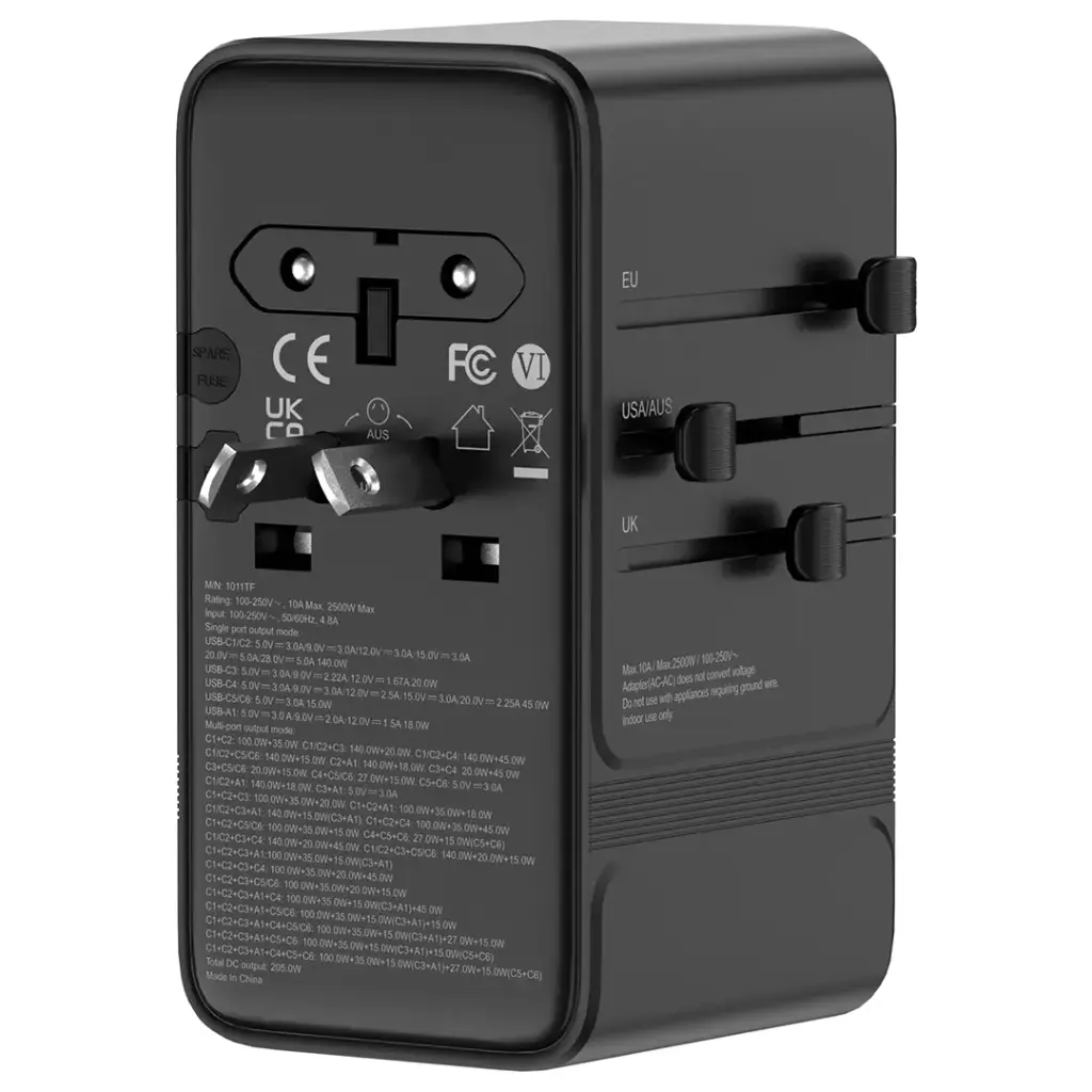 Powerology Spetrova GaN Multi-Port Universal Adapter PD 140W [O] - بلاك حائط شحن دولي - 7 فتحات للشحن - 6 فتحات تايب سي + 1 فتحة يو اس بي - قوة 140 واط - كفالة 24 شهر