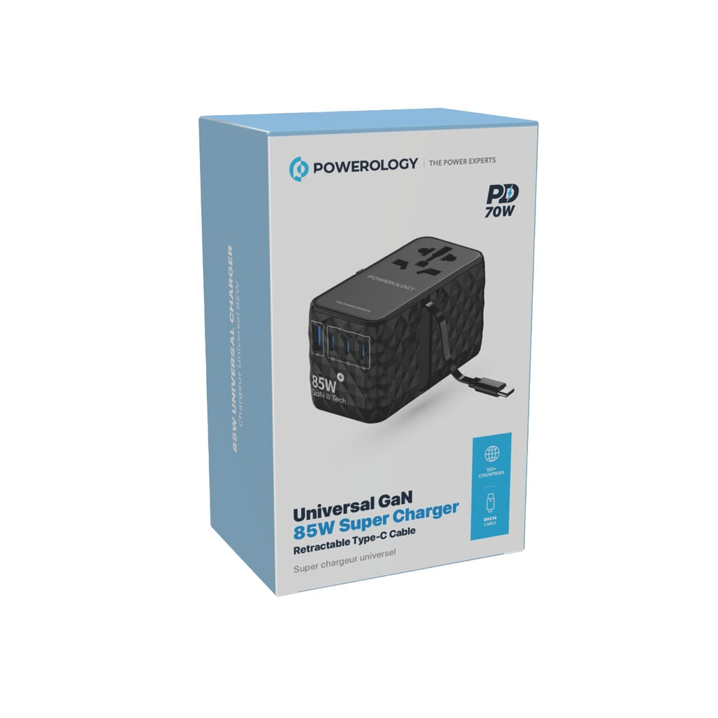 Powerology Universal GaN 85W Super Charger Retractable Type-C Cable - Black [O] - بلاك حائط شحن دولي - 4 فتحات للشحن - 3 فتحات تايب سي +1 فتحة يو اس بي - قوة 85 واط  مع كيبل تايب سي - كفالة 24 شهر