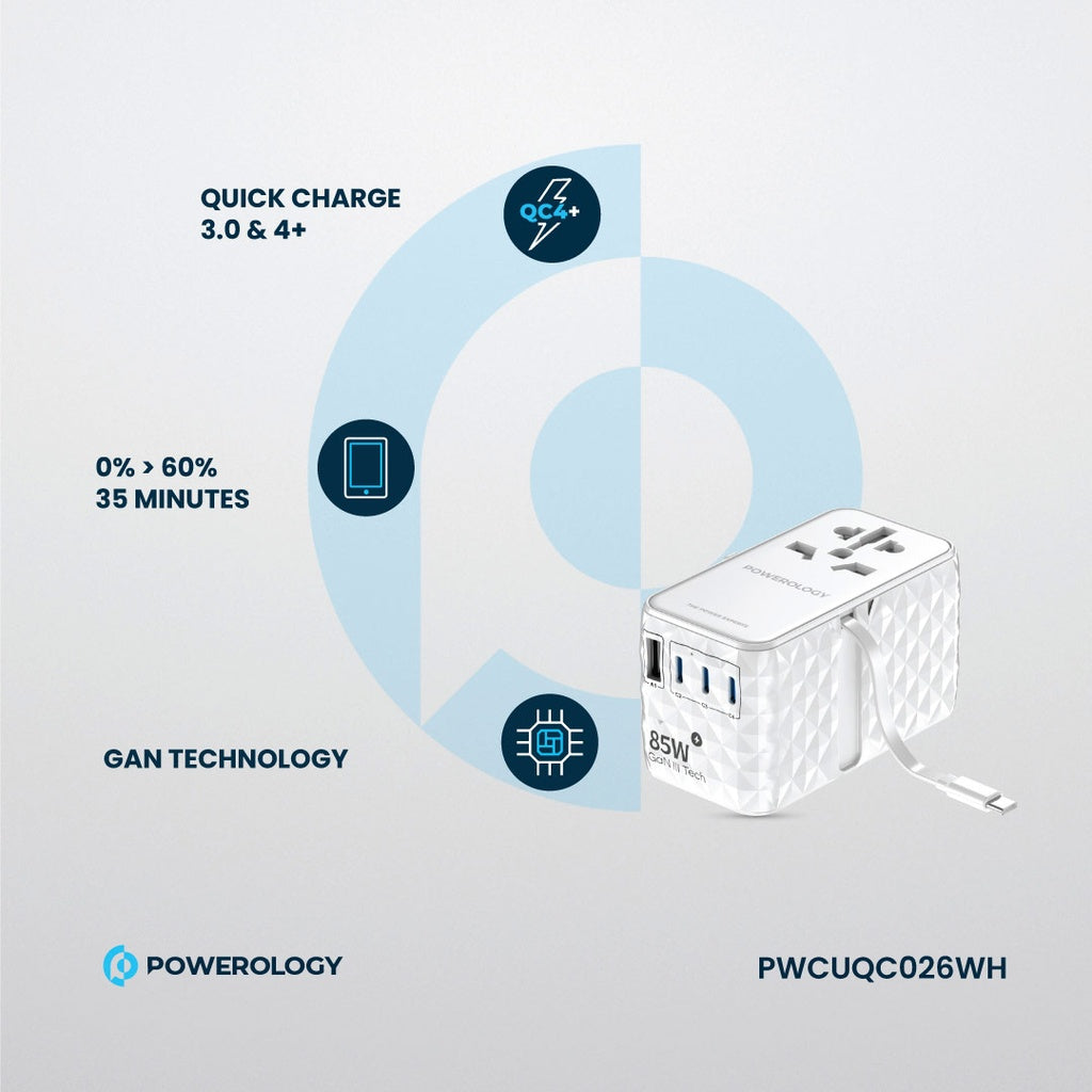 Powerology Universal GaN 85W Super Charger Retractable Type-C Cable White [O] بلاك حائط شحن دولي - 4 فتحات للشحن - 3 فتحات تايب سي +1 فتحة يو اس بي - قوة 85 واط  مع كيبل تايب سي - كفالة 24 شهر