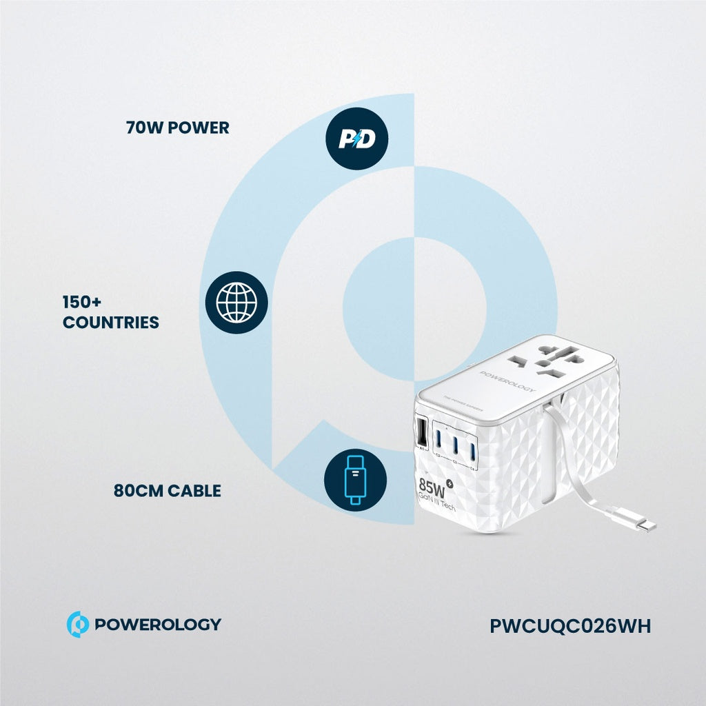 Powerology Universal GaN 85W Super Charger Retractable Type-C Cable White [O] بلاك حائط شحن دولي - 4 فتحات للشحن - 3 فتحات تايب سي +1 فتحة يو اس بي - قوة 85 واط  مع كيبل تايب سي - كفالة 24 شهر