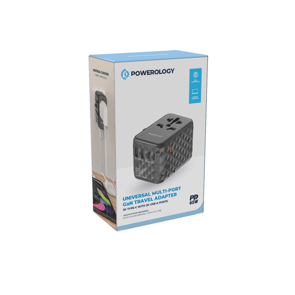 Powerology Universal Multi-Port Travel Adapter PD 65W - Grey [O] - بلاك حائط شحن دولي - 5 فتحات للشحن - 3 فتحات تايب سي + 2 فتحة يو اس بي - قوة 65 واط  - كفالة 24 شهر