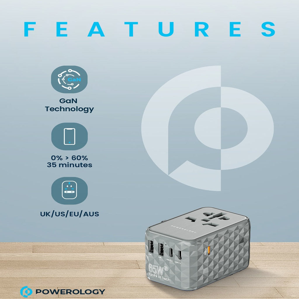 Powerology Universal Multi-Port Travel Adapter PD 65W - Grey [O] - بلاك حائط شحن دولي - 5 فتحات للشحن - 3 فتحات تايب سي + 2 فتحة يو اس بي - قوة 65 واط  - كفالة 24 شهر
