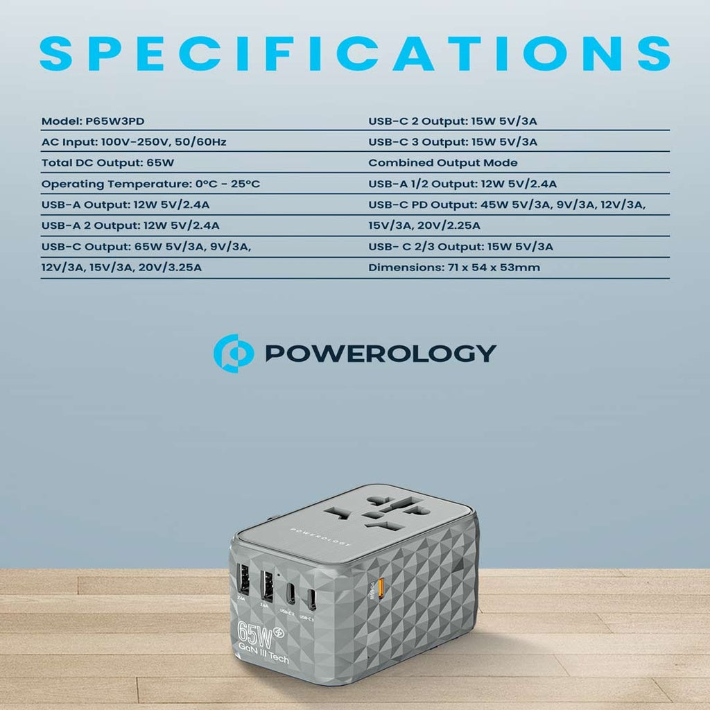 Powerology Universal Multi-Port Travel Adapter PD 65W - Grey [O] - بلاك حائط شحن دولي - 5 فتحات للشحن - 3 فتحات تايب سي + 2 فتحة يو اس بي - قوة 65 واط  - كفالة 24 شهر