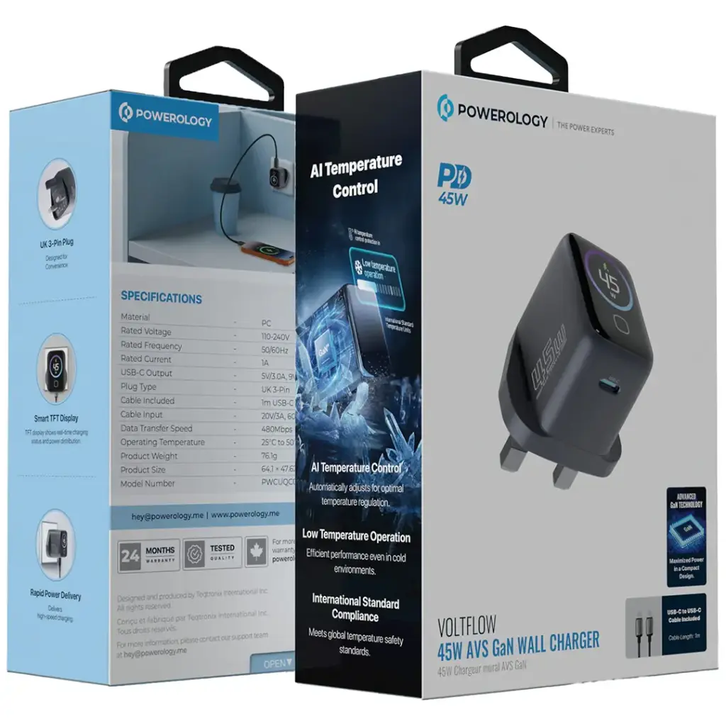 Powerology Voltflow 45W AVS GaN Wall Charger With C to C Cable- Gray