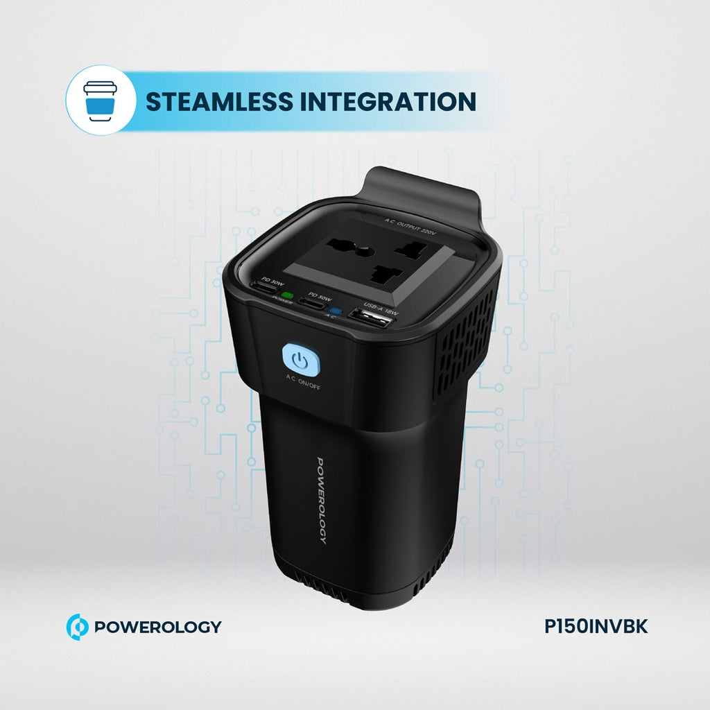 Powerology 150w Cup Holder Power Inverter - شاحن سيارة + محول طاقة - 2 في 1 - 1 منفذ كهرباء 12 فولت - 1 منفذ يو اس بي - 2 منفذين تايب سي - قوة 150 واط - كفالة 24 شهر