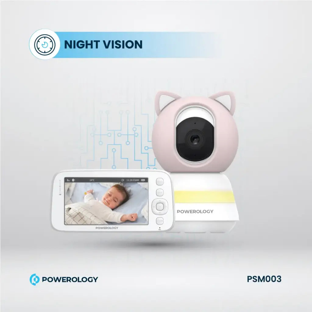 Powerology Monitor - App Baby Camera with  Pink Covers Type-C Charging Interface, Built-in Lullabies [O] - كاميرا داخلية + شاشة  باورولوجي - كفالة 12 شهر