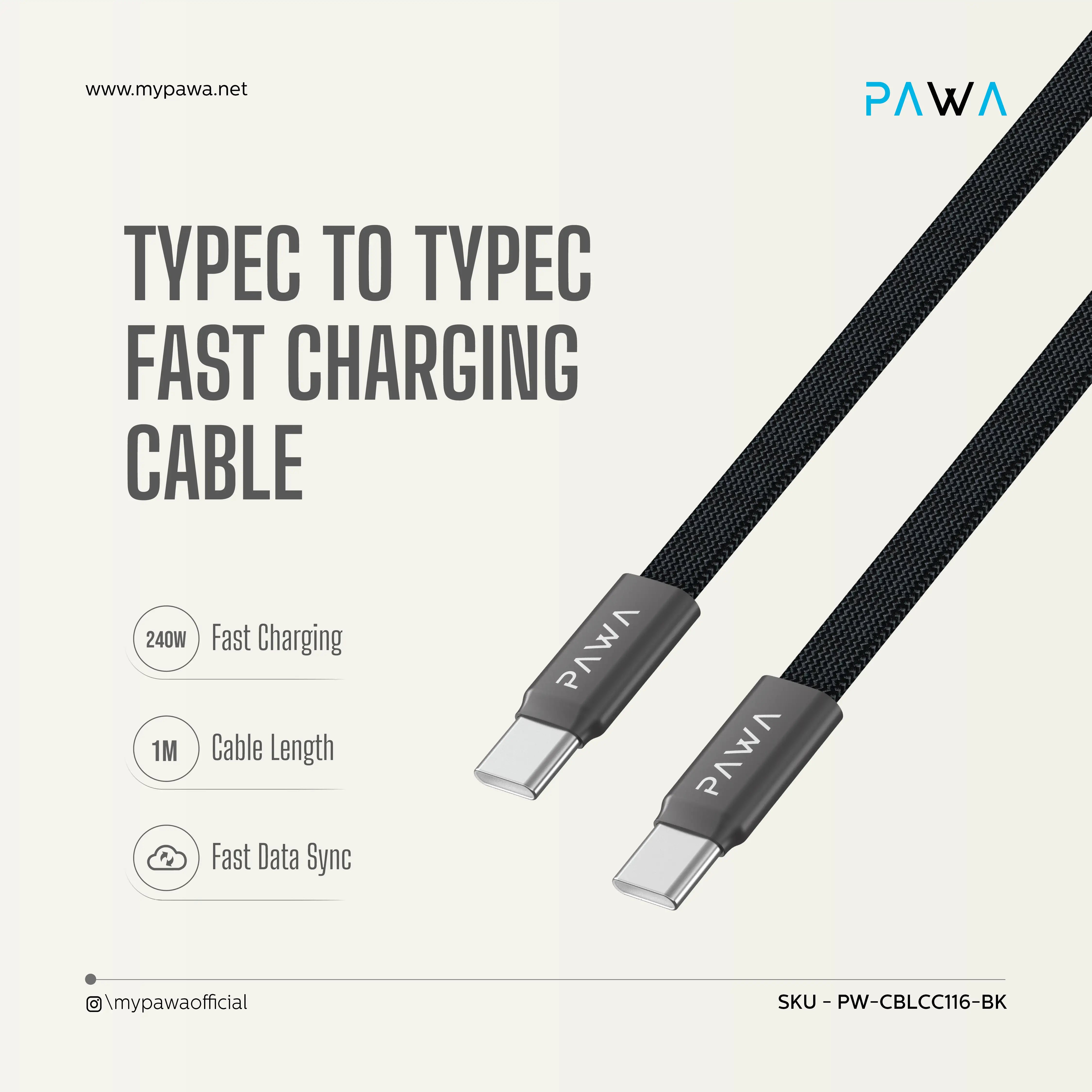 PAWA Ignitesync Typec To Typec Magnetic Braided Cable - 240W - Black