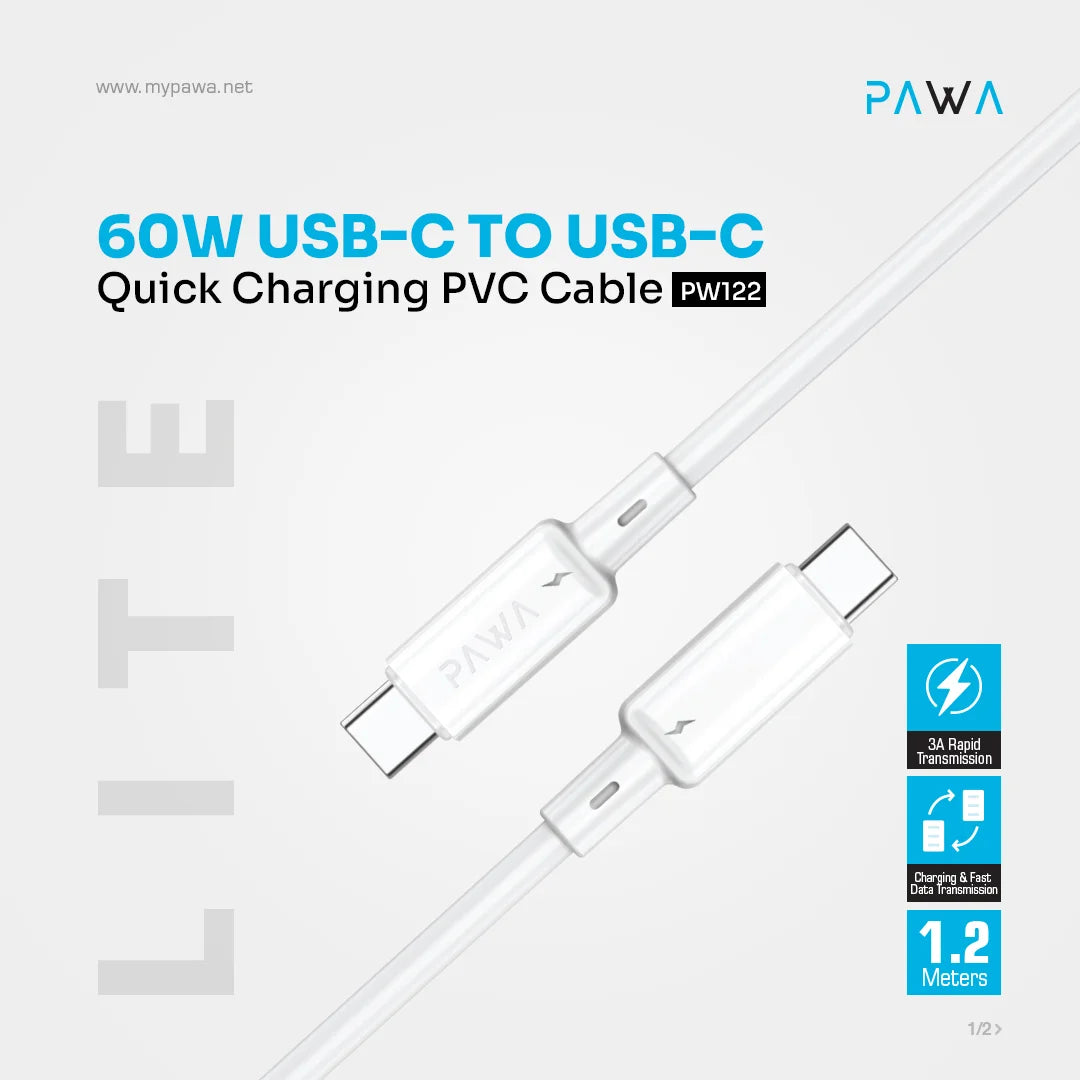 PAWA 3A USB-C TO USB-C Quick Charging PVC Cable PW122 - White