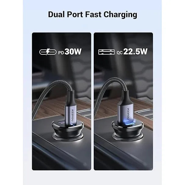 UGREEN 30W 2-Port Fast Car Charger (Space Grey) [B] - شاحن ولاعة للسيارة - يوجرين - قوة 30 واط - منفذ تايب سي للشحن السريع ومنفذ يو اس بي - كفالة 12 شهر