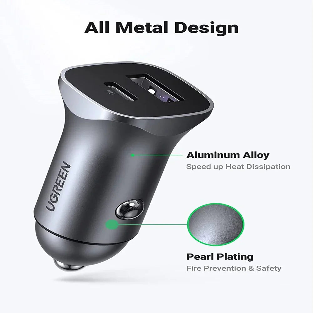 UGREEN A+C Dual-Port Car Charger PD30W+SCP22.5W (Space Grey) [B] - شاحن ولاعة للسيارة - يوجرين - قوة 22.5 واط - منفذ تايب سي للشحن السريع ومنفذ يو اس بي - كفالة 12 شهر
