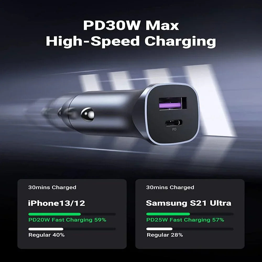 UGREEN A+C Dual-Port Car Charger PD30W+SCP22.5W (Space Grey) [B] - شاحن ولاعة للسيارة - يوجرين - قوة 22.5 واط - منفذ تايب سي للشحن السريع ومنفذ يو اس بي - كفالة 12 شهر