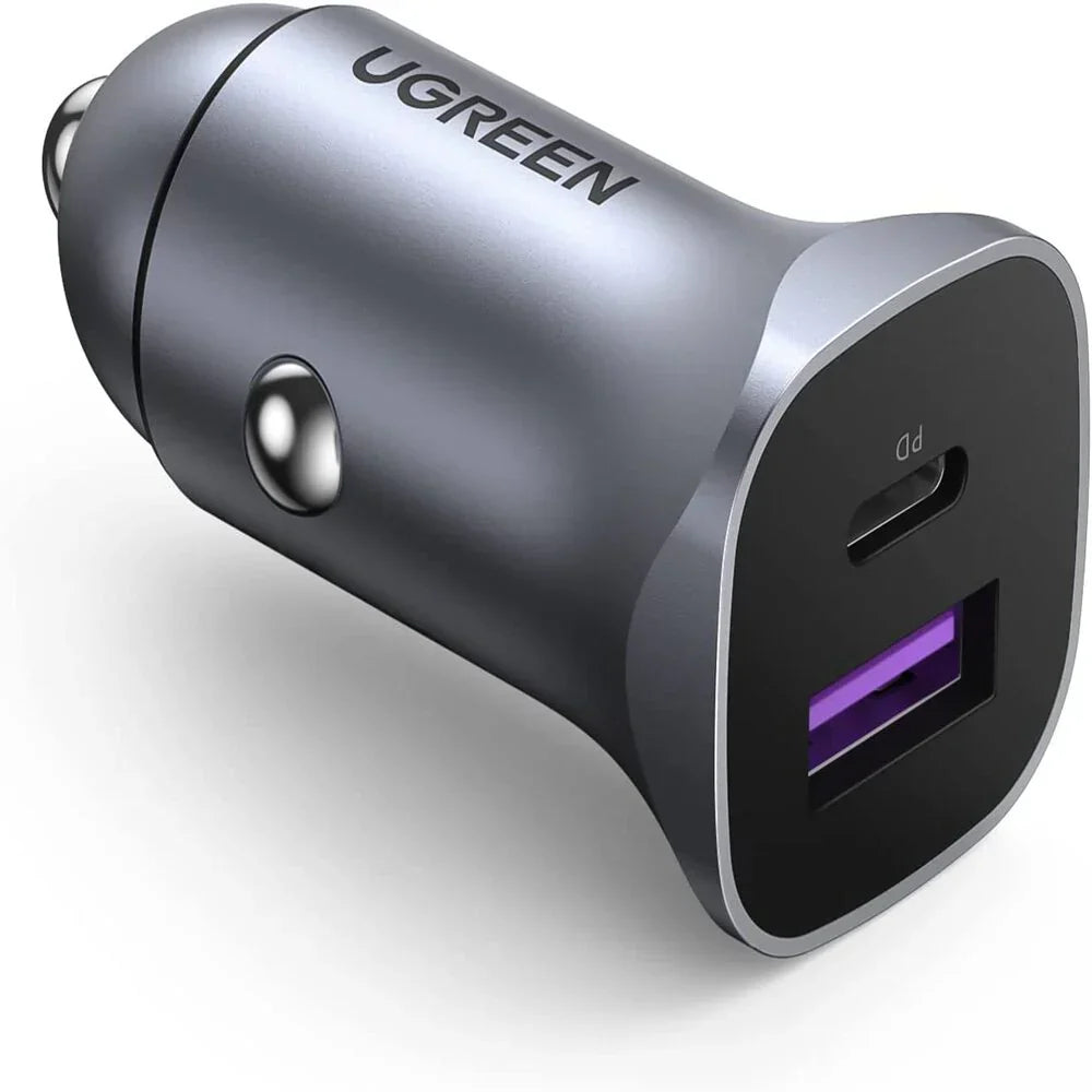 UGREEN A+C Dual-Port Car Charger PD30W+SCP22.5W (Space Grey) [B] - شاحن ولاعة للسيارة - يوجرين - قوة 22.5 واط - منفذ تايب سي للشحن السريع ومنفذ يو اس بي - كفالة 12 شهر