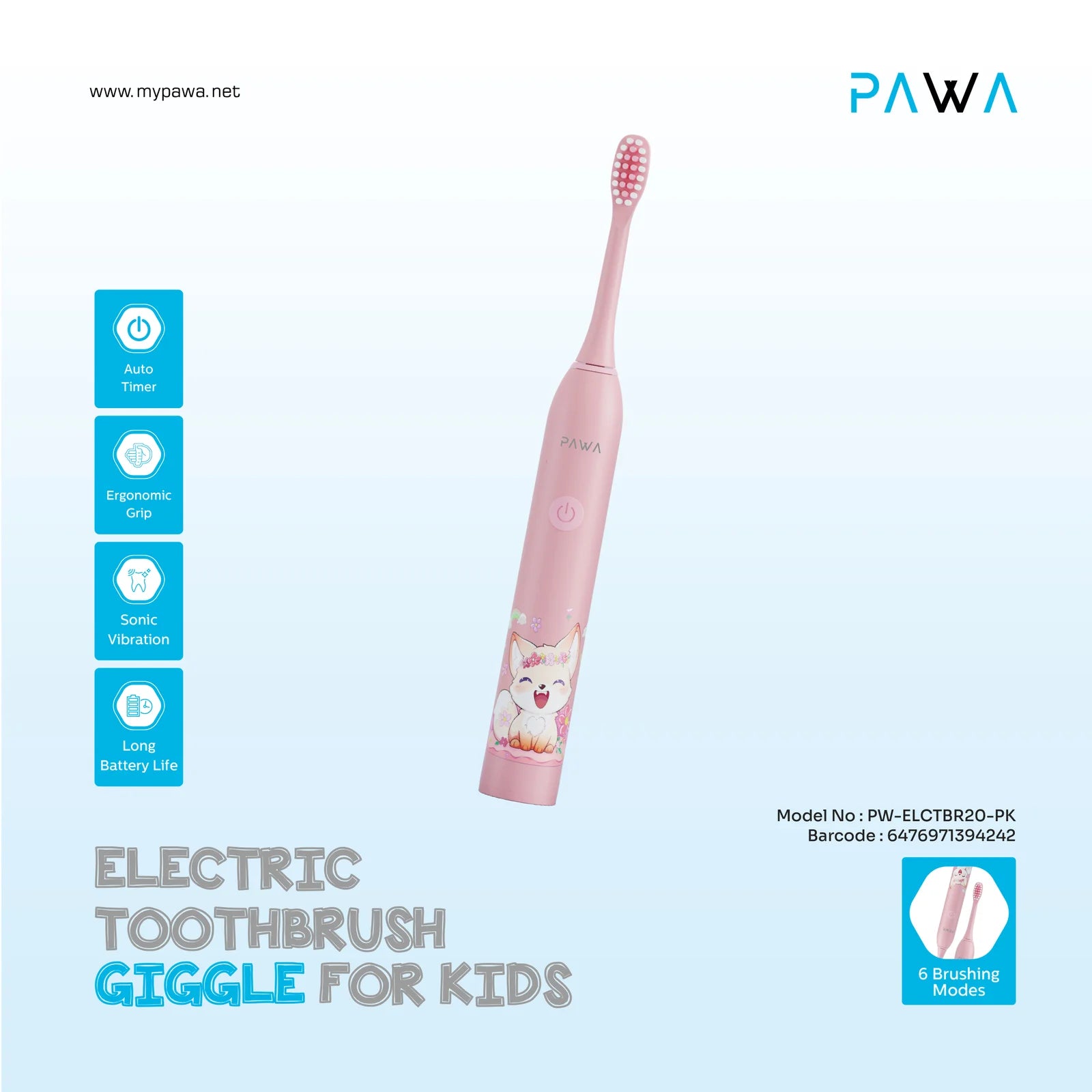 PAWA Electric Toothbrush Giggle For Kids-Pink