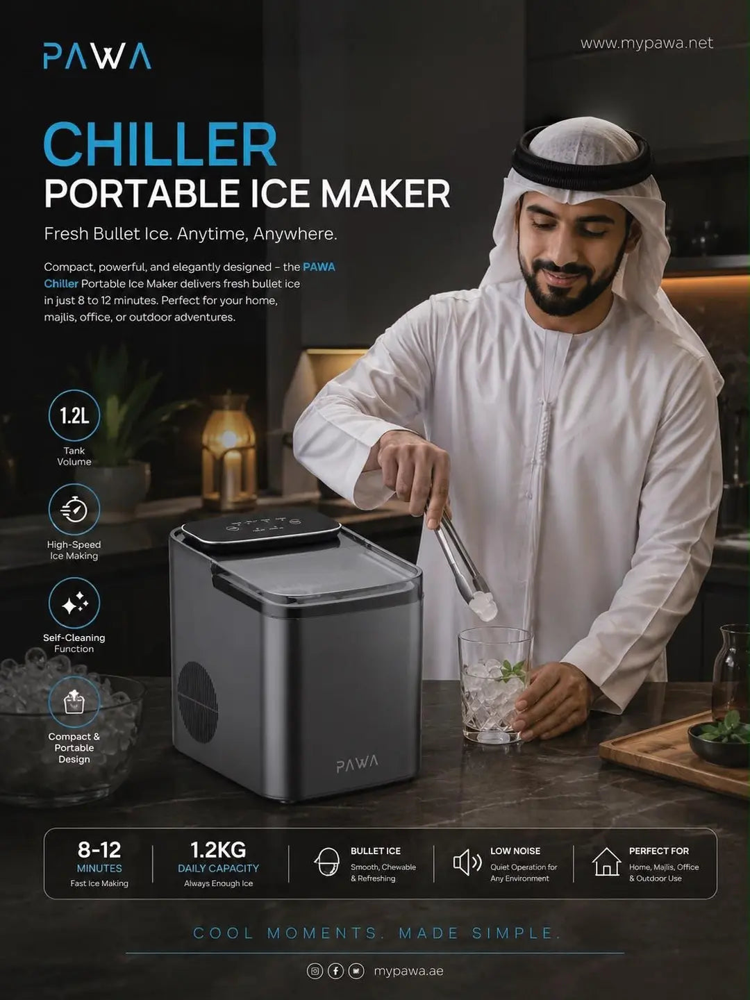5  |  5  Pawa PW-CPIM1226-BK ice maker with a 12 kg/day capacity and a 1.2 liter tank, featuring rapid cooling technology